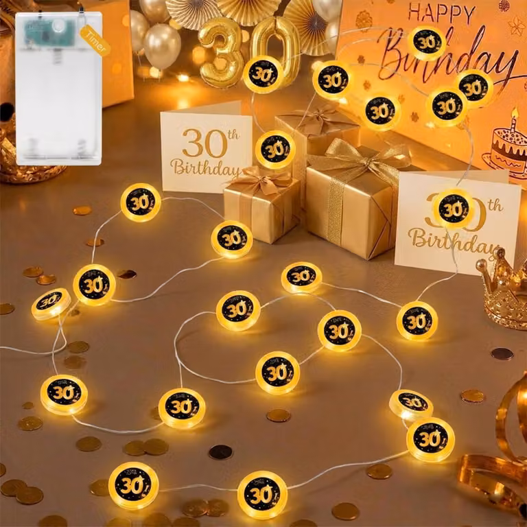 Catena luminosa per il 30° compleanno, 2 metri, 20 LED, nero e oro, con timer