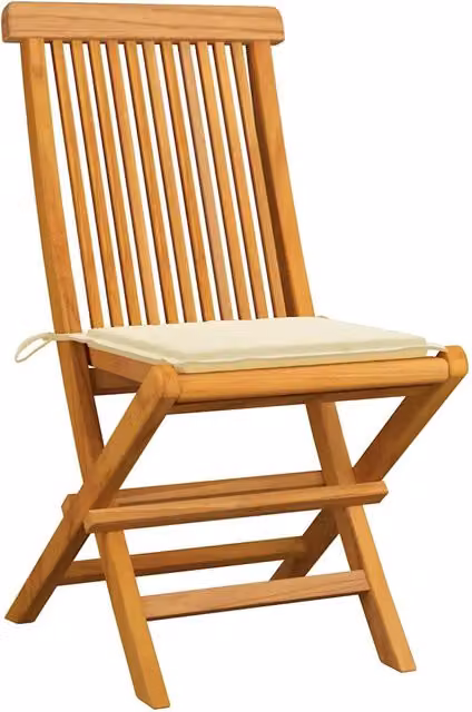 Set di 2 sedie pieghevoli vidaXL in legno di teak con cuscini color beige e marrone per giardino