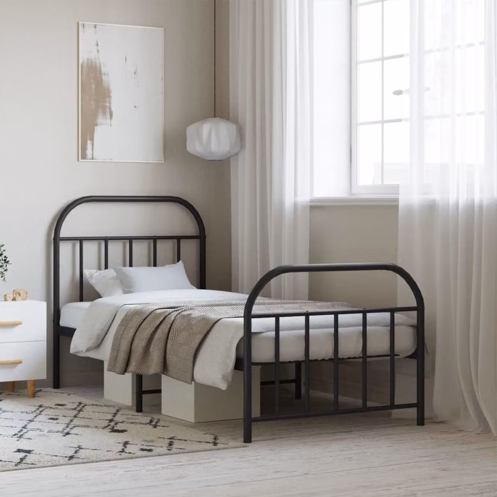 The Living Store Struttura letto con testiera e pediera in metallo nero 90x190 cm