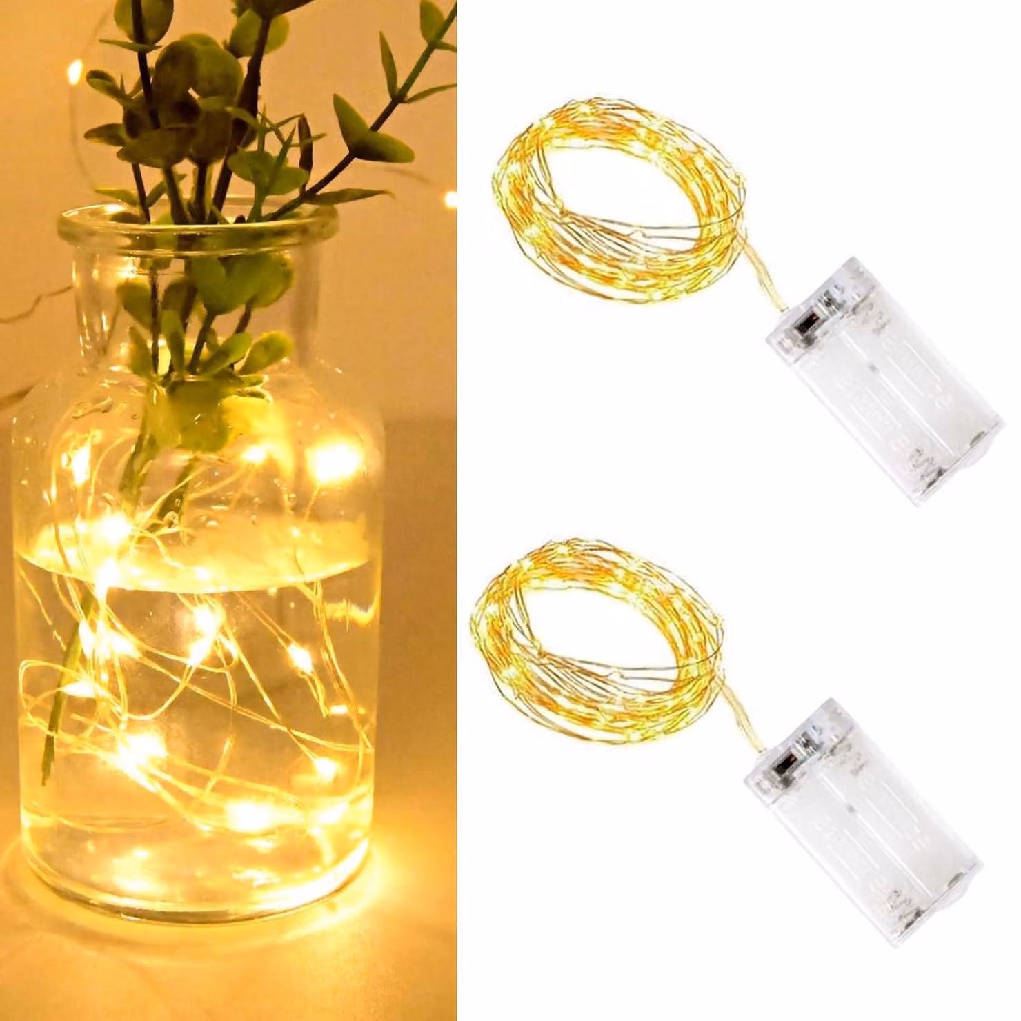 Set di 2 catene luminose a LED, luce bianco caldo, lunghezza 1 metro, 10 LED