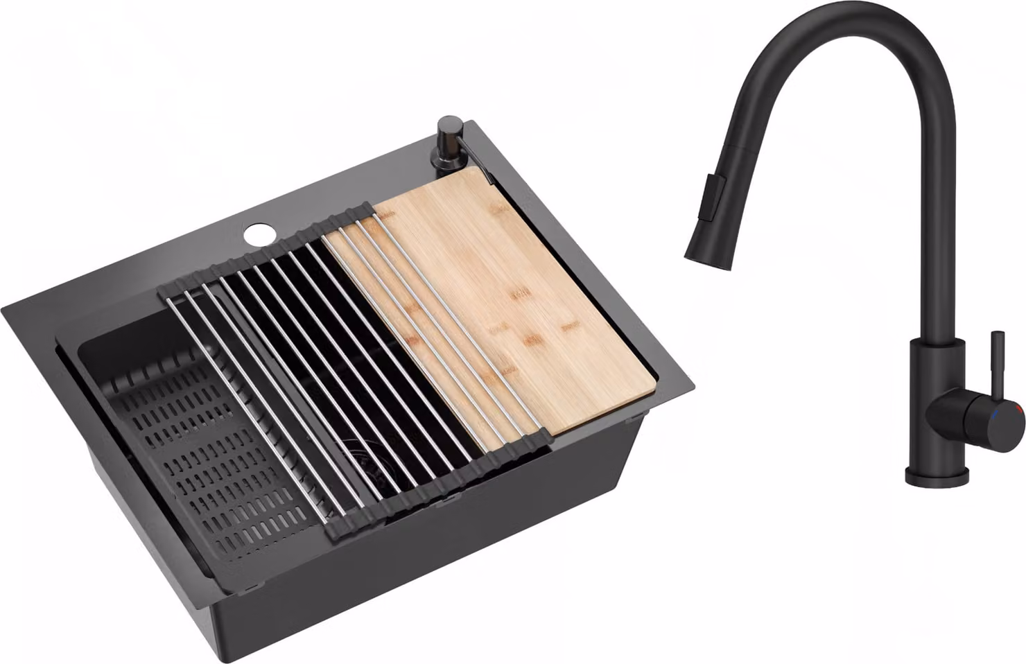VBChome Lavello in acciaio inox con rubinetto 58 x 45 cm Nero Set di accessori Dispenser Tagliere Tappetino arrotolabile Scolapiatti pieghevole Sifone Rubinetto Nero