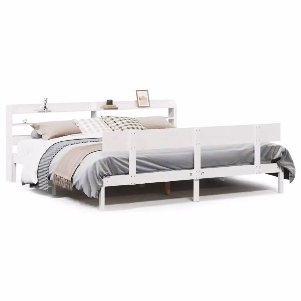 Letto in legno massello di pino bianco con ripiani laterali stile rustico L/P/H: 200 x 180 x 90 cm – 2
