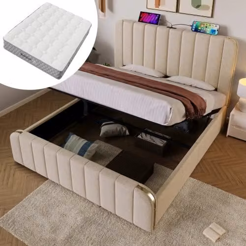 Letto Contenitore Matrimoniale Imbottito con Materasso ¨C Xylo ¨C Beige, Idraulico, Testiera LED USB, 180x200