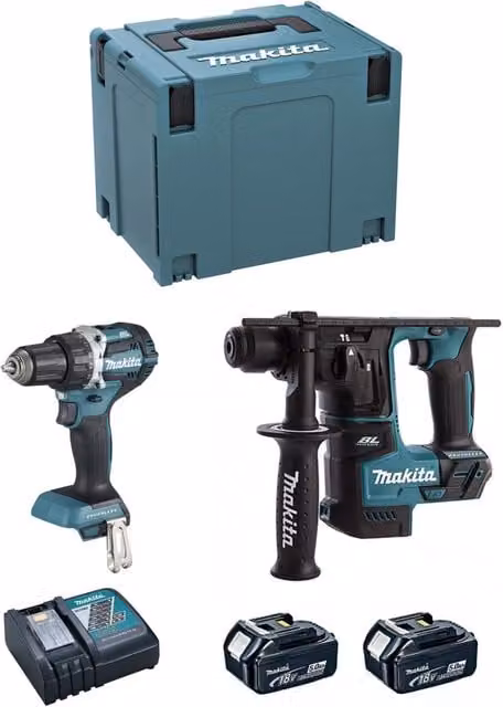 Kit Makita DLX2271TJ con Avvitatore DDF484, Perforatore DHR171, 2 Batterie da 5,0 Ah e Caricatore DC18RC con Sistema di Trasporto MAKPAC 4