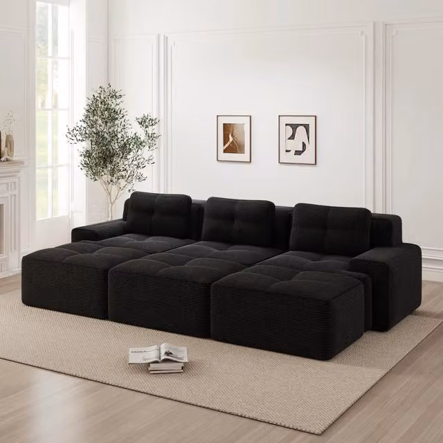 Sofa modulare angolare Zephmum con funzione letto, poggiatesta regolabile e 3 sgabelli coordinati, rivestimento in tessuto nero, 3 posti