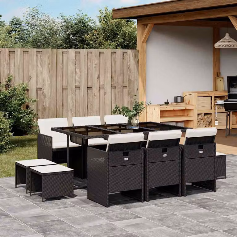 vidaXL Set da Pranzo da Giardino 11 pz in Polyrattan con Piano in Vetro e Cuscini Nero