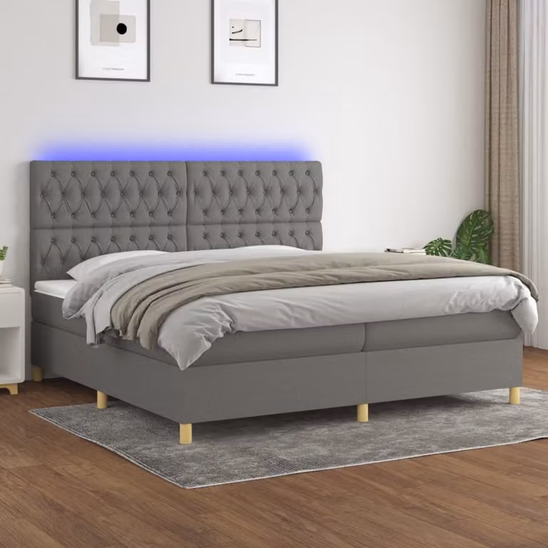 The Living Store Letto a molle con materasso e LED in tessuto grigio scuro 200x200 cm