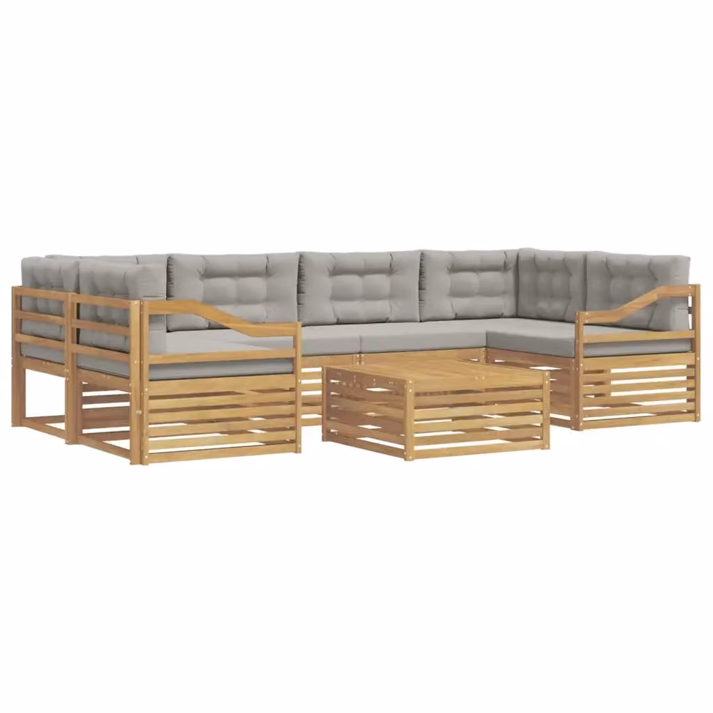 Set di divani da esterno a forma di U vidaXL in legno di acacia con tavolo da caffè, 7 pezzi, Bianco e Grigio – 2