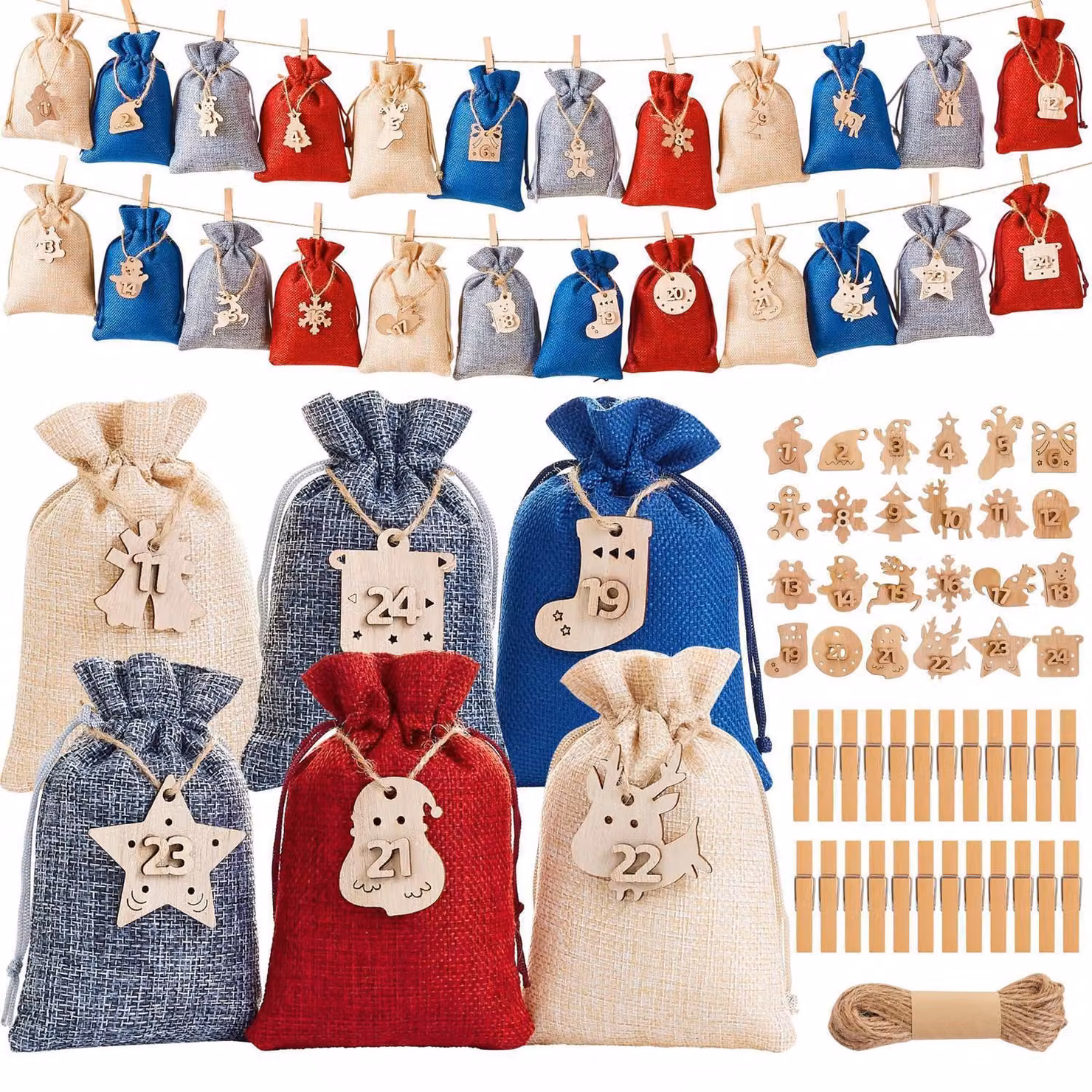 Calendario dell'Avvento da riempire: 24 sacchetti di tessuto con numeri e clip, colore blu, dimensioni 15x10 cm