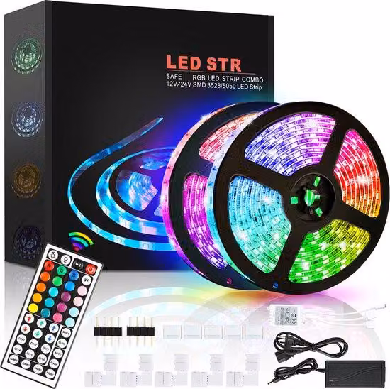Striscia LED da 10 metri, 5050 RGB – 300 LED – Dimmerabile – Autoadesiva – Telecomando a 44 tasti – con connettore per batteria