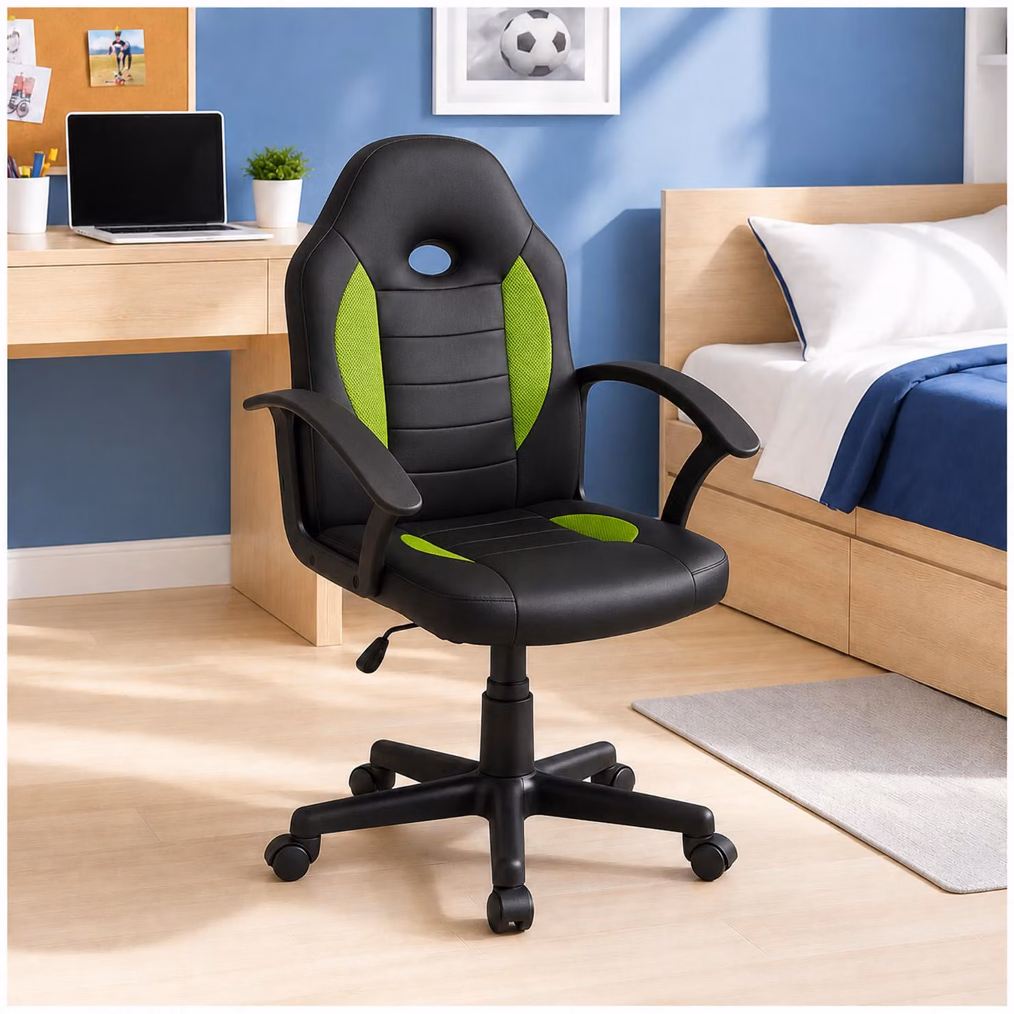 Sedia da scrivania Junior regolabile in altezza, sedia girevole ergonomica, nero-verde