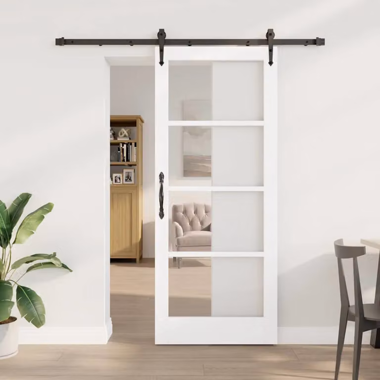 Porta scorrevole vidaXL in legno massello di pino e vetro, colore bianco, L: 83 cm, H: 202 cm