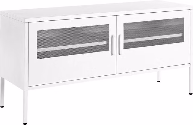 Credenza in metallo BELIANI bianca in stile industriale con 2 ante a rete e gestione cavi L: 118 cm, P: 40 cm, H: 60 cm