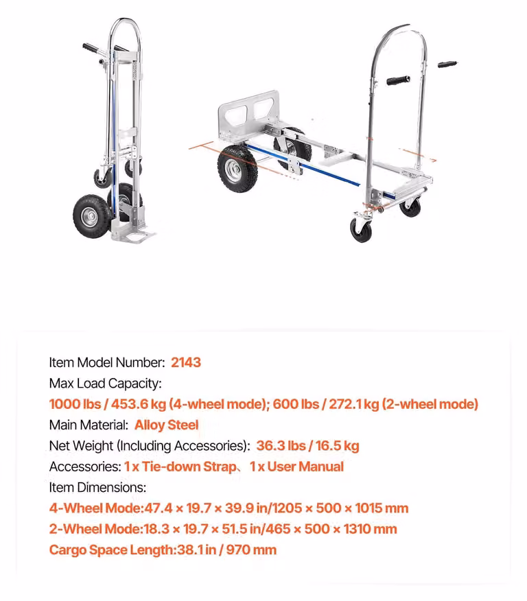 Carrello multifunzione, design 2-in-1, elevata capacità di carico, 1000lbs