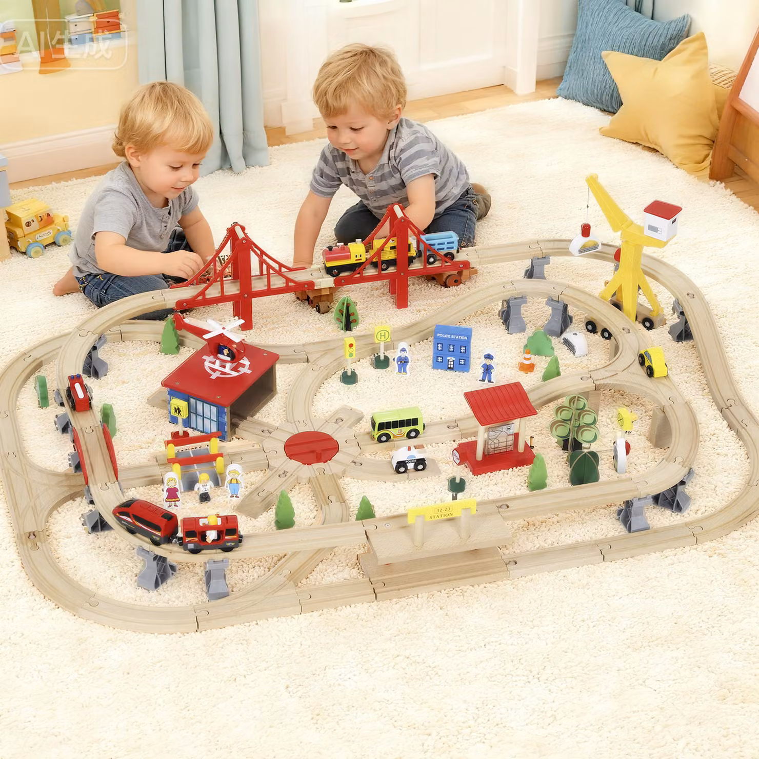 Set trenino in legno AIYAPLAY per bambini da 3 anni con locomotiva elettrica, binari e ponte, 133 pezzi multicolore – 2