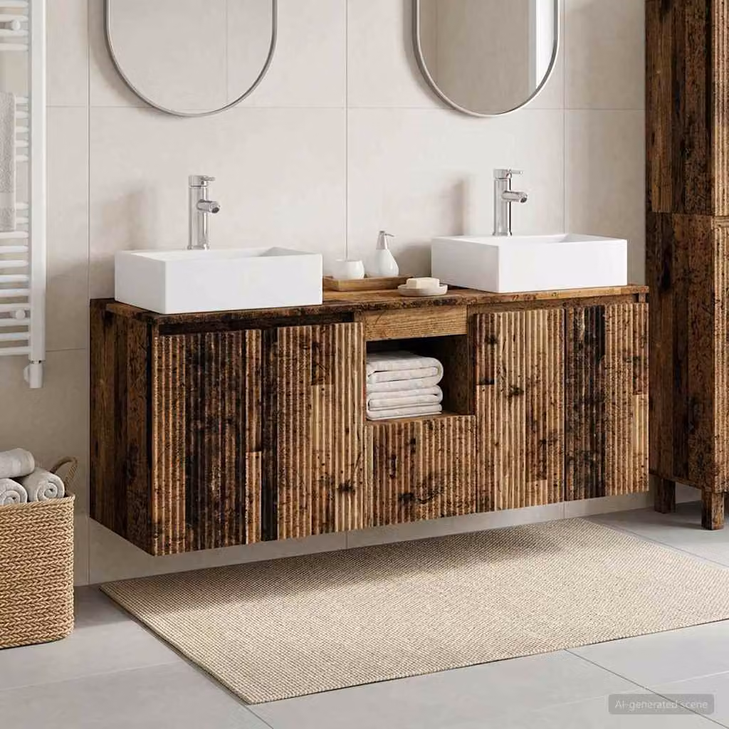 Set di 3 armadi da bagno moderni vidaXL in legno e metallo, colore marrone, L/P/H: 129 x 41 x 79.5 cm