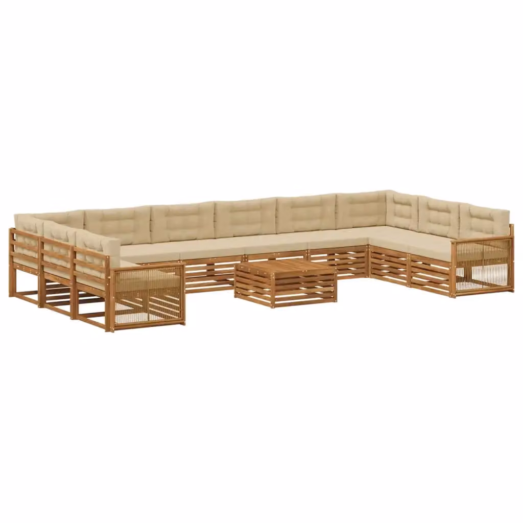 Set di divani da giardino a forma di U vidaXL in legno di acacia massello con cuscini beige e marroni, 11 pezzi – 2