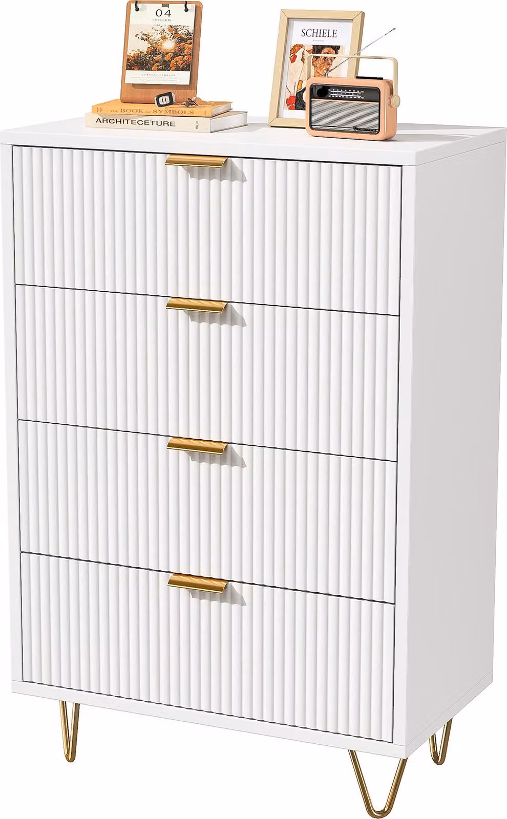 Credenza ProximaX bianca con 4 cassetti, cassettiera moderna per sala da pranzo e soggiorno