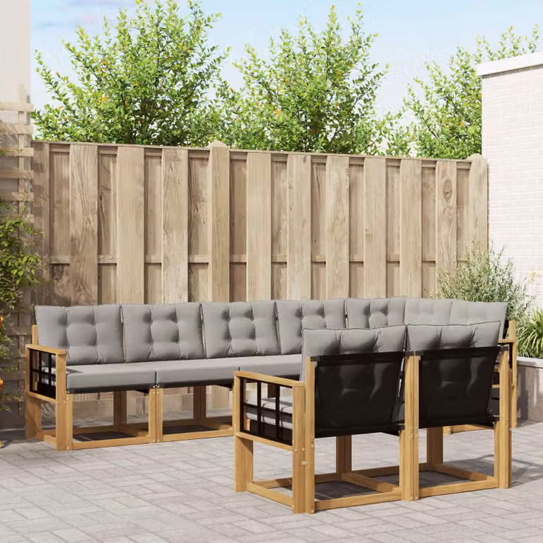 Set di divani da esterno vidaXL a forma di L composto da 8 pezzi in legno di acacia e tessuto textilene, colore bianco e grigio