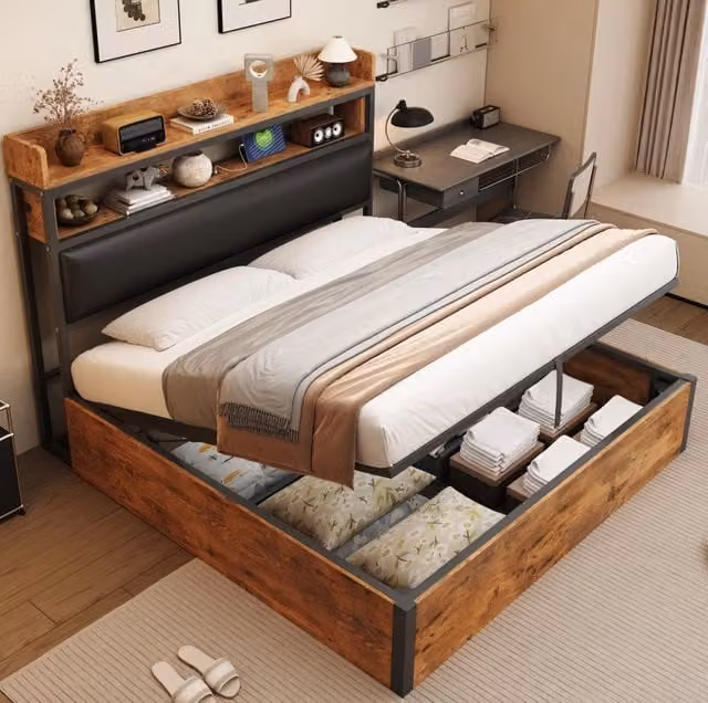 Letto matrimoniale ULEVR 180x200 cm con contenitore idraulico, testiera imbottita con ripiano e porte USB, nero
