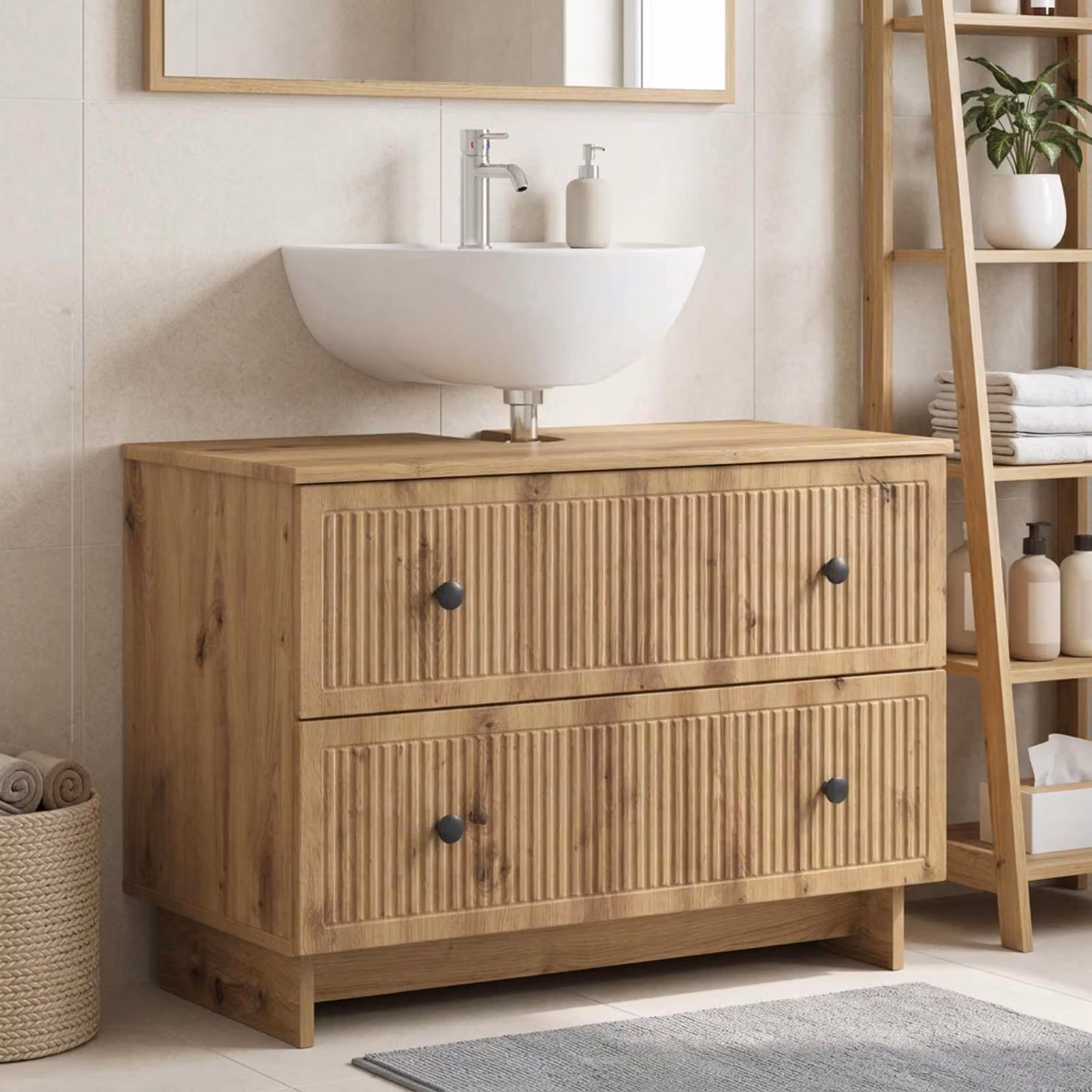 Armadio per lavabo da bagno moderno vidaXL in rovere con cassetti e ante, colore marrone e nero, L: 82 cm, P: 41 cm, H: 59 cm