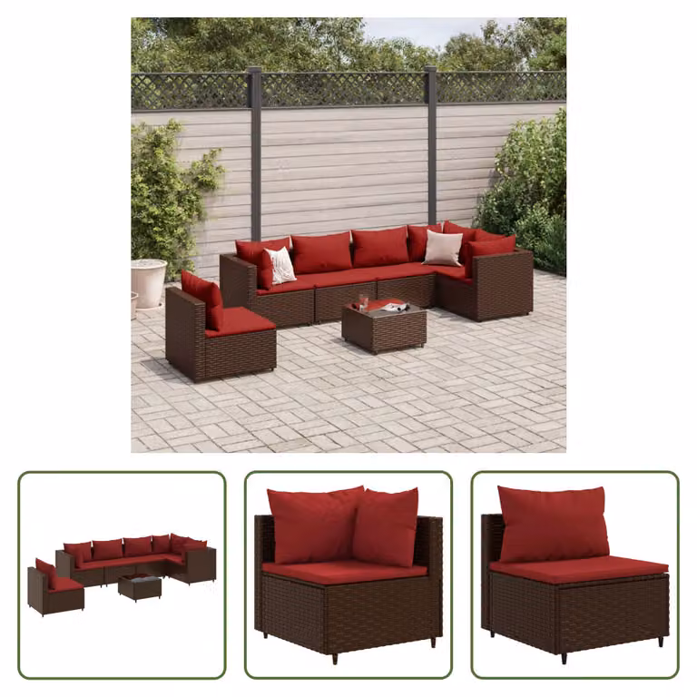 The Living Store Set da salotto da giardino 7 pezzi con cuscini in poly rattan marrone