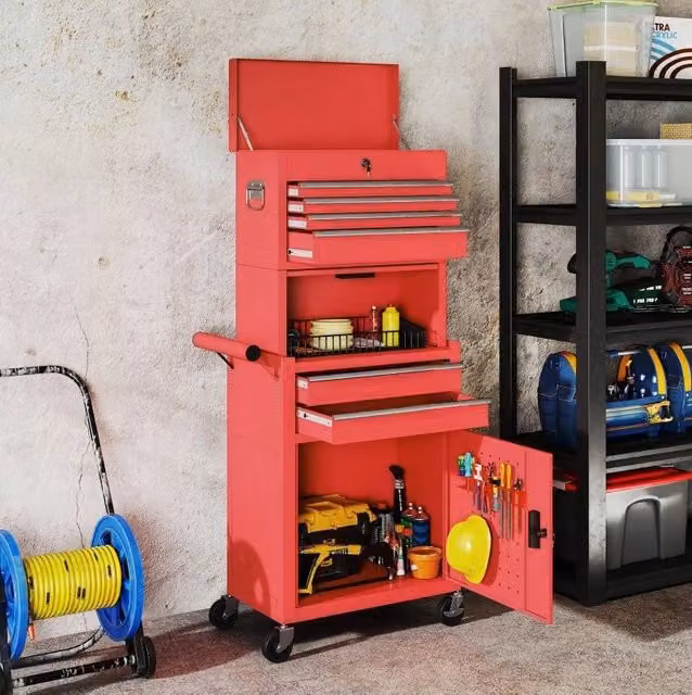Carrello portautensili ULEVR in acciaio rosso con 6 cassetti, 2 armadietti, pannello forato, ruote e serratura
