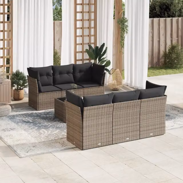 Set di divani da giardino VIDAXL in polyrattan grigio con cuscini, 7 pezzi