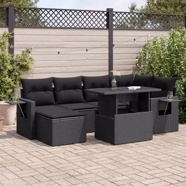 Set Divano da Giardino a L con 7 Pezzi vidaXL Nero con Cuscini e Tavolino in Vetro