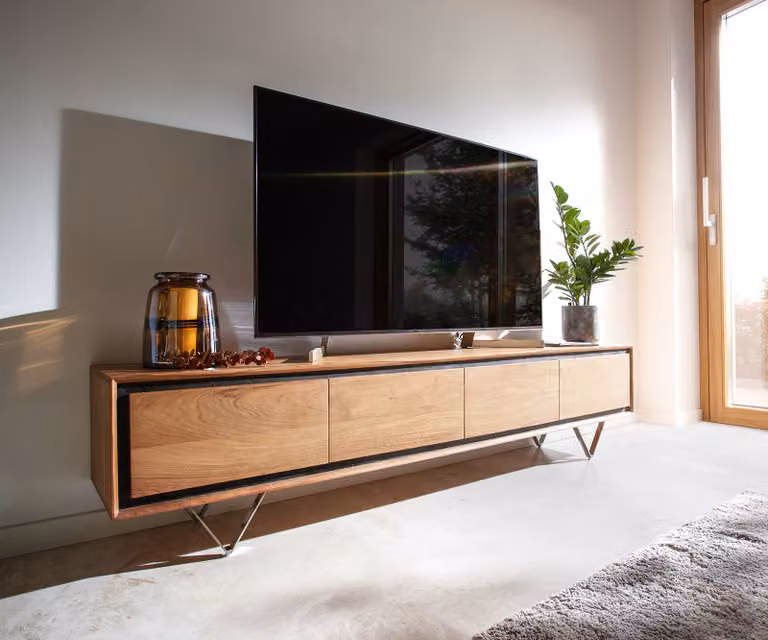 DELIFE Mobile basso Stonegrace 200 cm Acacia naturale 4 ante Impiallacciatura in pietra Piedini a V