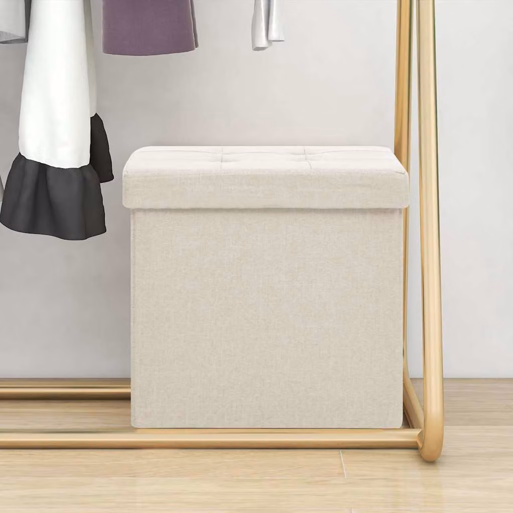 vidaXL Sgabello con Contenitore Pieghevole Bianco Crema in Simil Lino con Rivestimento Rimovibile