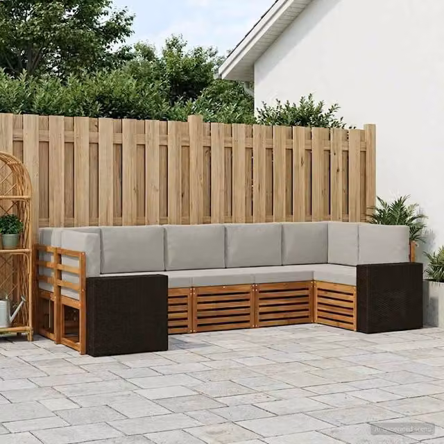 Set di divani da esterno a L vidaXL in legno di acacia con cuscini beige e grigio – 1