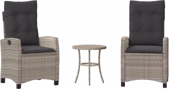 Set da bistrot 3 pezzi in polyrattan con cuscini grigio antracite per giardino e balcone