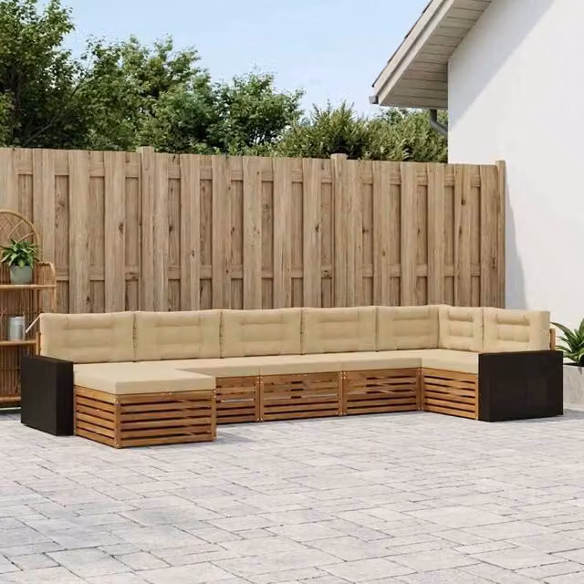 Set di divani da esterno a L vidaXL in legno di acacia con 7 pezzi, colore beige e sabbia