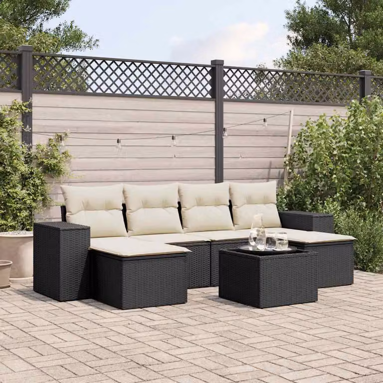 Set Divani da Giardino a L vidaXL in Polyrattan Nero con 7 Cuscini e Tavolino da Esterno