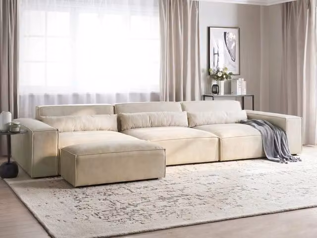 Divano modulare a 3 posti con ottomana Divano componibile in velluto beige con gambe nere Soggiorno moderno