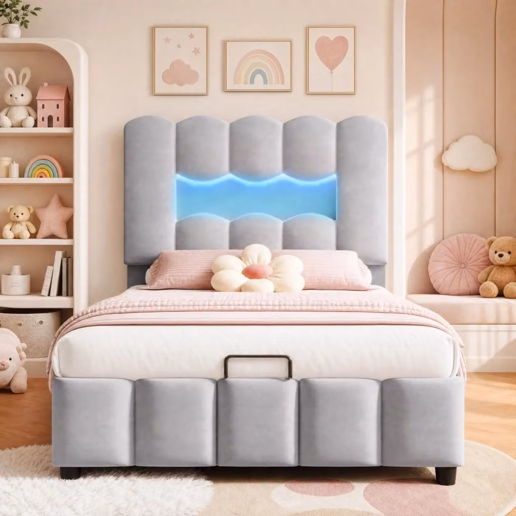 Letto REDOM in velluto grigio con illuminazione LED, contenitore idraulico e testiera regolabile, L/P/H: 90 x 200 cm – 2