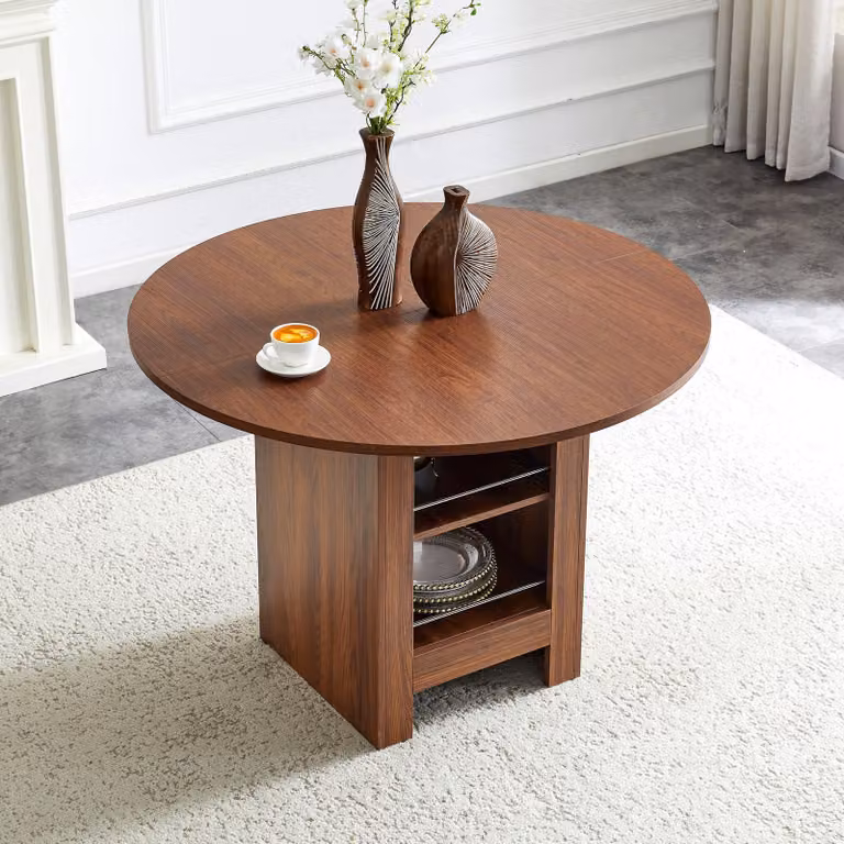 Tavolo rotondo MODFU per 2-4 persone, tavolo da cucina con vani portaoggetti aperti, piano del tavolo spesso 2 cm e struttura in metallo, dimensioni 100x76 cm, finitura noce