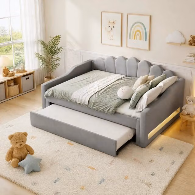 Letto Giorno Imbottito 140x200 cm con Illuminazione LED e Letto Estraibile, Grigio
