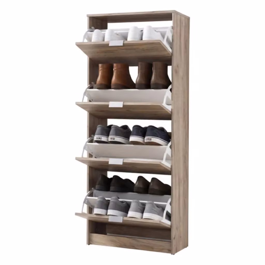 Scarpiera DMORA Santina con 8 ripiani e ante a rullo, Marrone Rovere e Grigio, L: 67 cm, P: 28 cm, H: 155.5 cm – 2