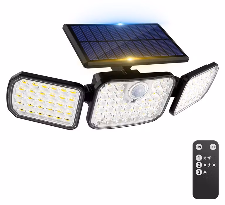 Lampada solare da esterno con sensore di movimento, 3 luci, rotazione a 270°, grado di protezione IP65