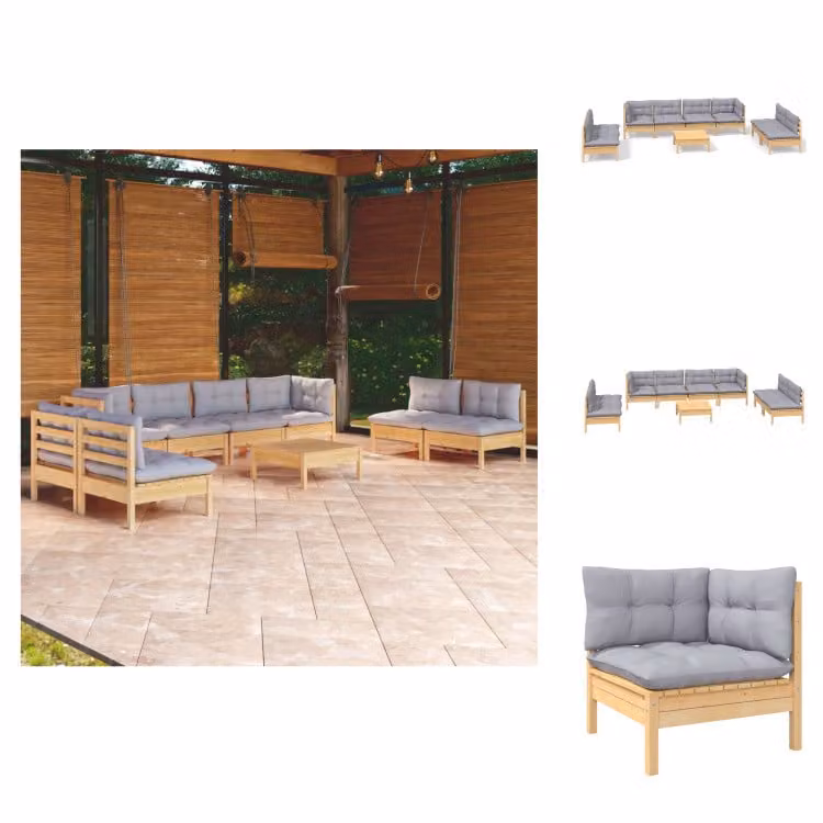 vidaXL Set 9 pezzi da giardino con cuscini grigi in pino massiccio - Set di mobili da giardino