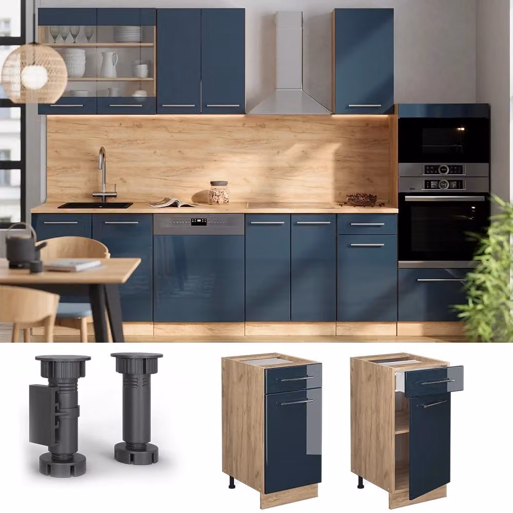 Mobiletto base per cucina Vicco Fame-Line Blu scuro lucido e Rovere dorato L: 40 cm – 2