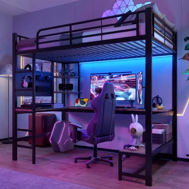 Letto a soppalco in metallo con scrivania; ripiani; presa USB/Tipo-C; LED e pannello forato; nero; 90x200 cm; senza materasso
