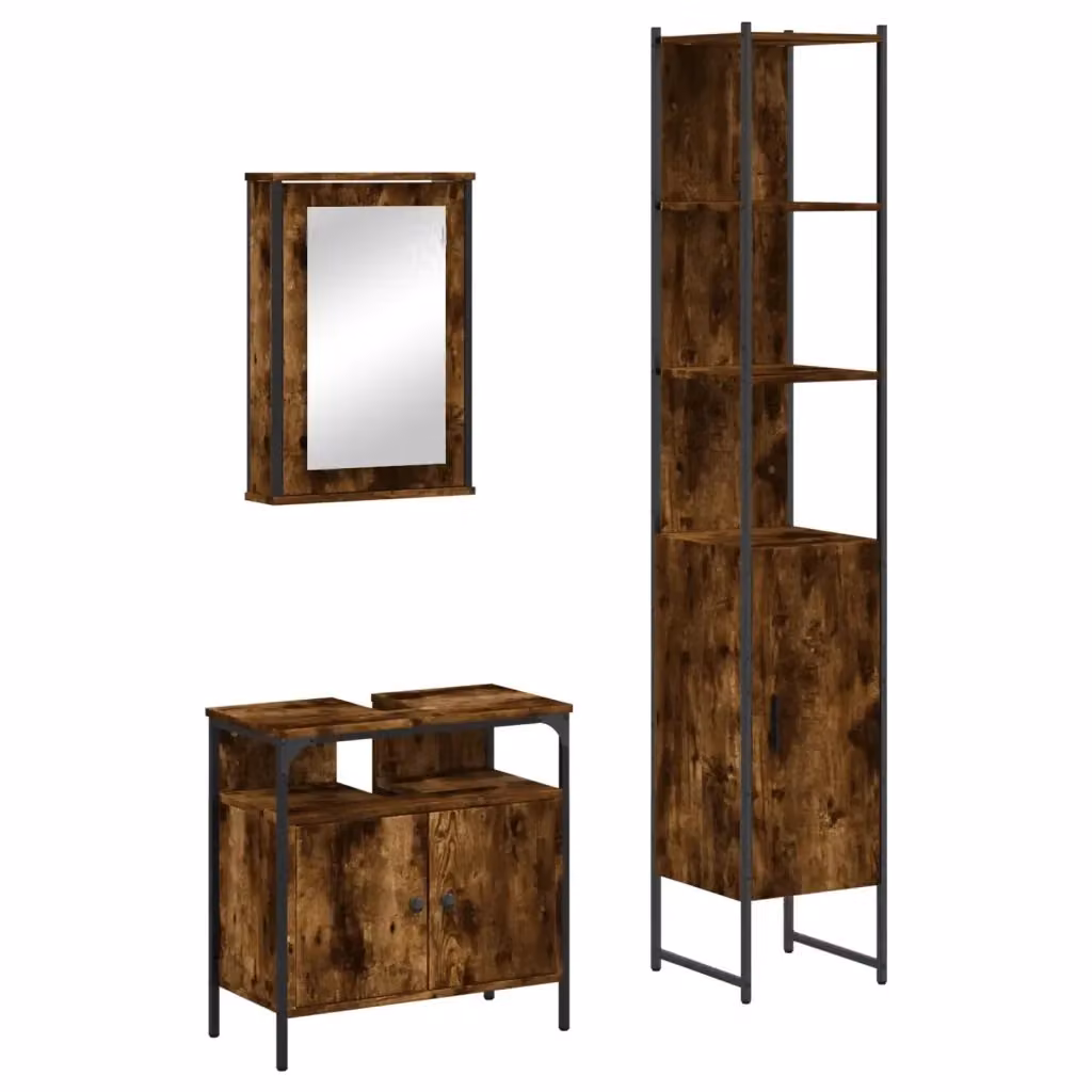 Set Mobili da Bagno 3 Pezzi vidaXL in Legno e Metallo Marrone Stile Industrial con Armadietto Specchio, Mobile Lavabo e Colonna Alta – 2