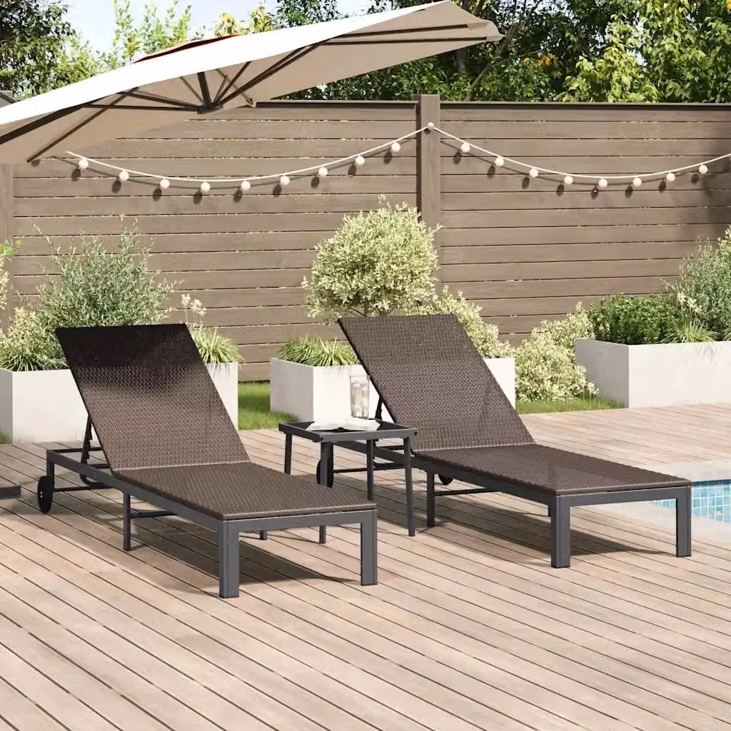 Set di 3 lettini prendisole da giardino in polyrattan marrone con poggiatesta regolabile e ruote per 2 persone – 2