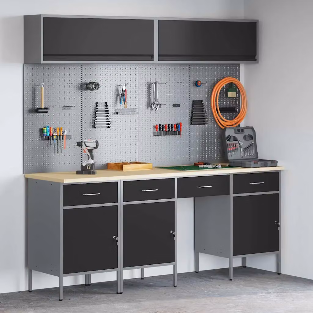Set di mobili da lavoro vidaXL 10 pezzi in acciaio e legno con cassetto con blocco, Nero