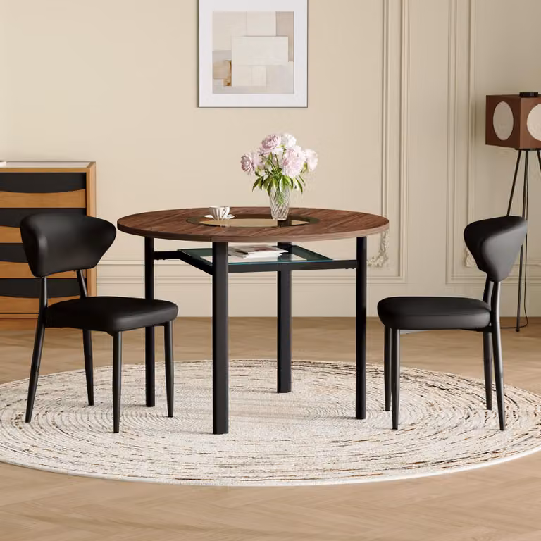 STILVORA Set da tavolo rotondo composto da 2 poltrone nere inPoliuretanocon schienale ricurvo, sedie da pranzo con diametro di 100 cm effetto legno, tavolo da pranzo rotondo per sala da pranzo e cucina