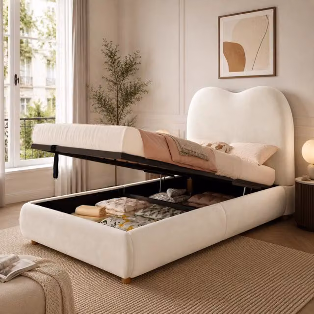 Letto singolo imbottito 90 x 200 cm con contenitore e sollevamento idraulico, testiera morbida in velluto beige
