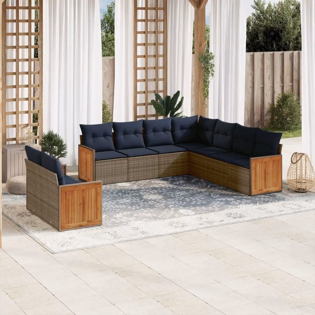 Set Divani da Giardino vidaXL 9 pz a Forma a U in Polyrattan con Cuscini e Rivestimenti Rimovibili Grigio